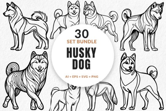 30 Bundle Line Art Dog Siberian Husky