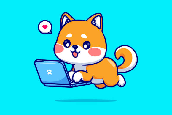 Cute Shiba Inu Dog Working on Laptop