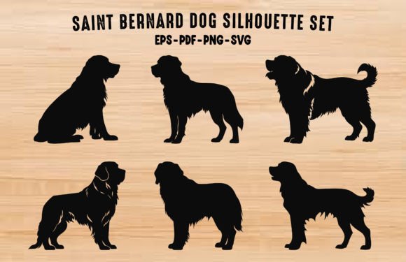 Saint Bernard Dogs Black Silhouettes Set