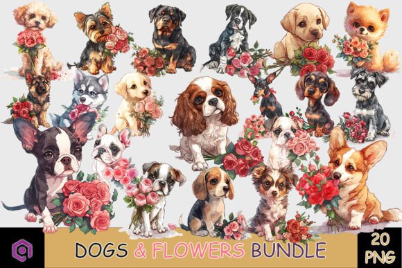Valentine Dogs and Rose Clipart Bundle